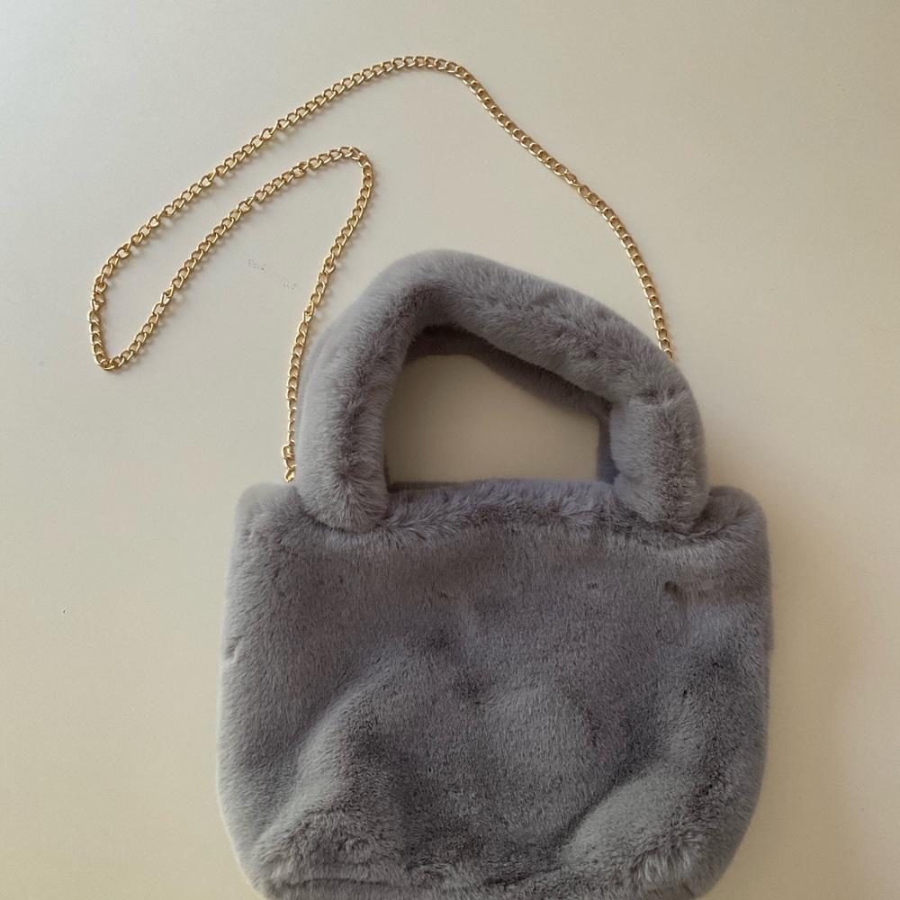NEW Faux Fur Soft Fluffy Small Tote Bag Purse Handles Chain Strap Grey